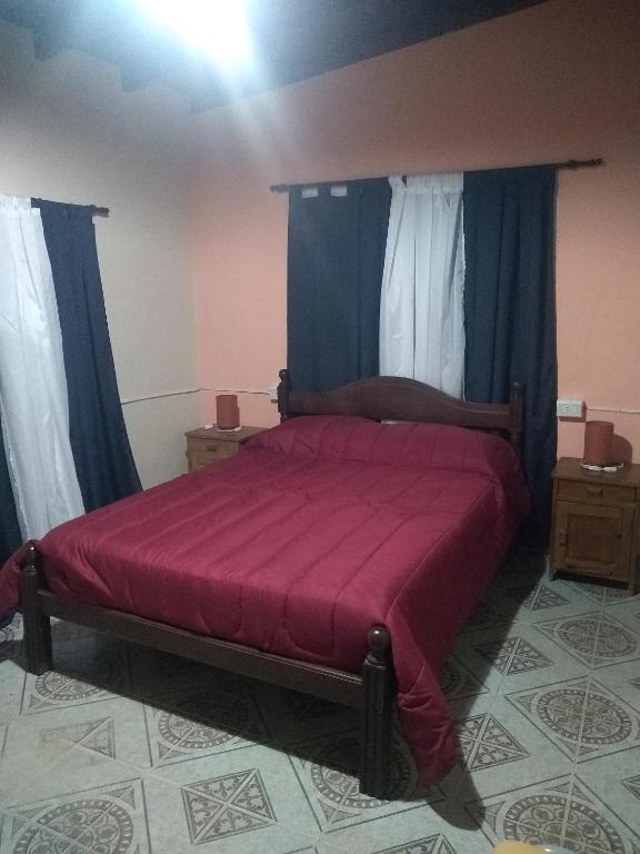 Schlafzimmer mit einem roten Bett und blauen Vorhängen in der Unterkunft Departamento NataFeli in Santa Rosa de Calamuchita
