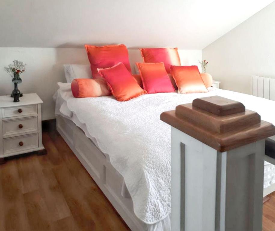 a bedroom with a bed with red pillows on it at Cosy Apartment in Galway with Balcony, 32 m², City View in Galway