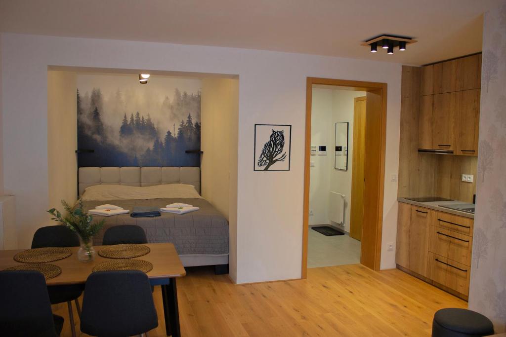 Kuchyň nebo kuchyňský kout v ubytování ENJOYHARRACHOV Atraktivní klidné studio 3 v centru Harrachova s parkováním, velkou terasou, Wifi-WLAN, SAT zdarma, možností dobíjení auta, výhledem do zahrady a na romantický kostelík