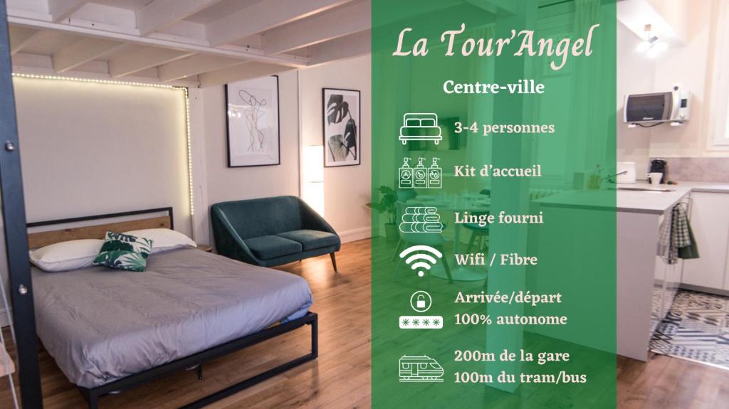 a poster of a room with a bed and a chair at Hypercentre - Gare - La Tour'Angel in Tours