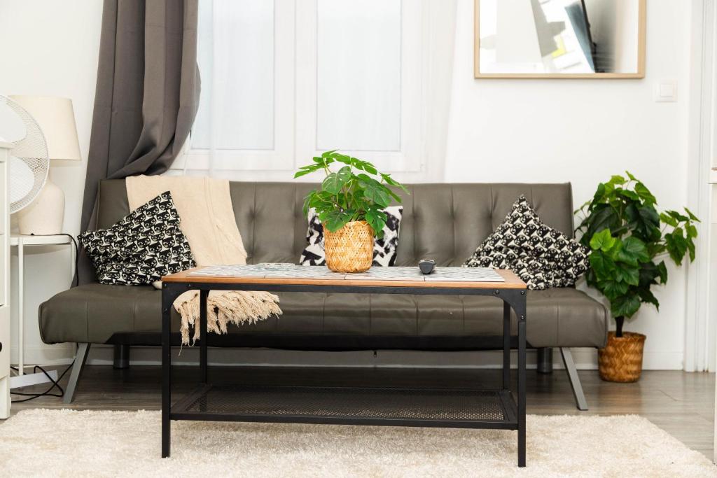 un salon avec un canapé avec des oreillers dans l'établissement Studio Stade de France 15 pour 4 personnes, à Saint-Denis