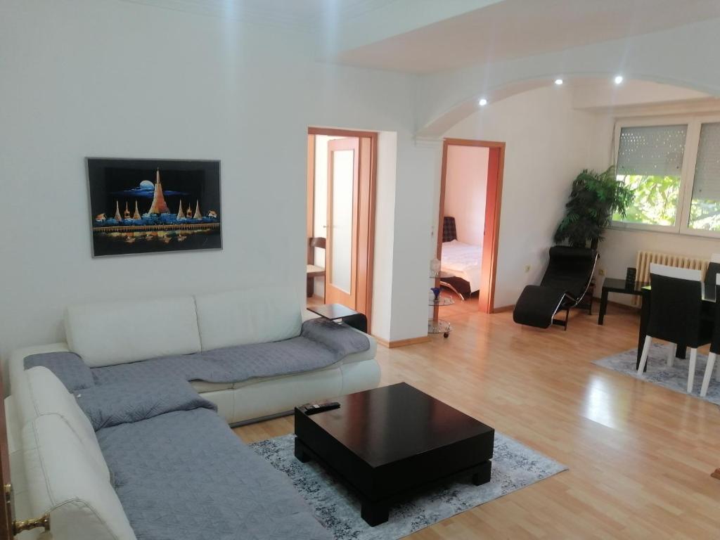 una sala de estar con un sofá y una mesa en Suzana 2, en Skopje