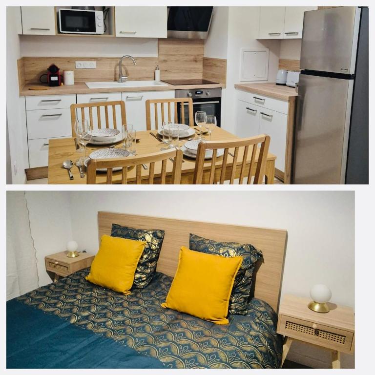 - deux photos d'une cuisine avec une table et des oreillers jaunes dans l'établissement Modern apartment 10 min from Disneyland, à Coupvray