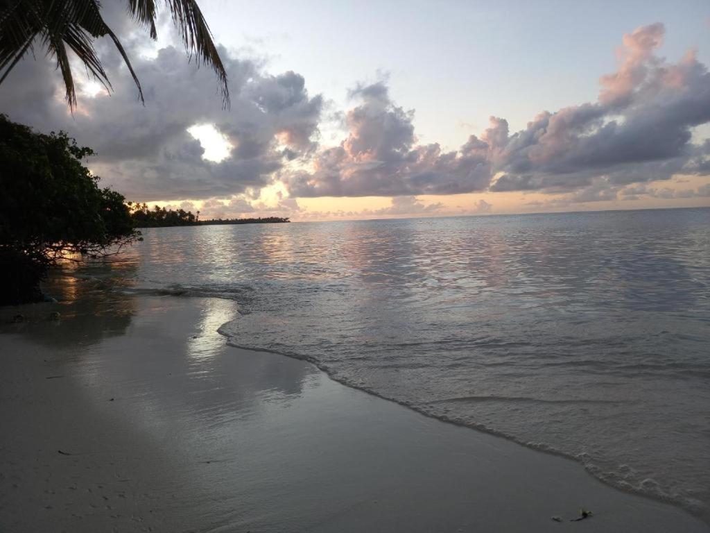 a view of the ocean at sunset with a beach at Iruka Guesthouse in Bandara