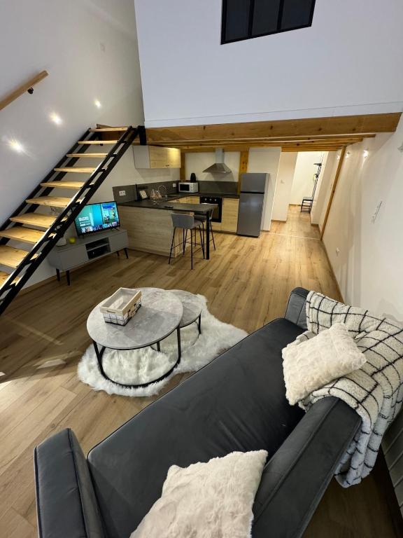 un salon avec un canapé et une table dans l'établissement Duplex Place du Théâtre Dijon Centre, à Dijon