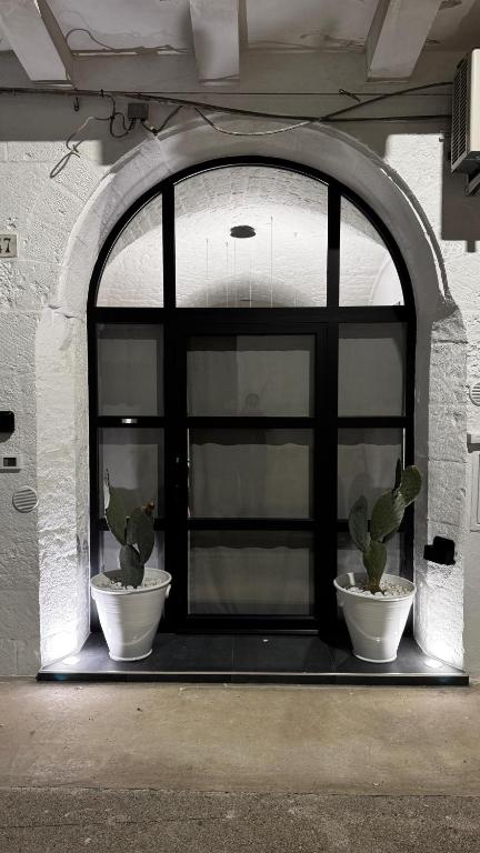 ein großes Fenster mit zwei Topfpflanzen davor in der Unterkunft Star White in Ostuni