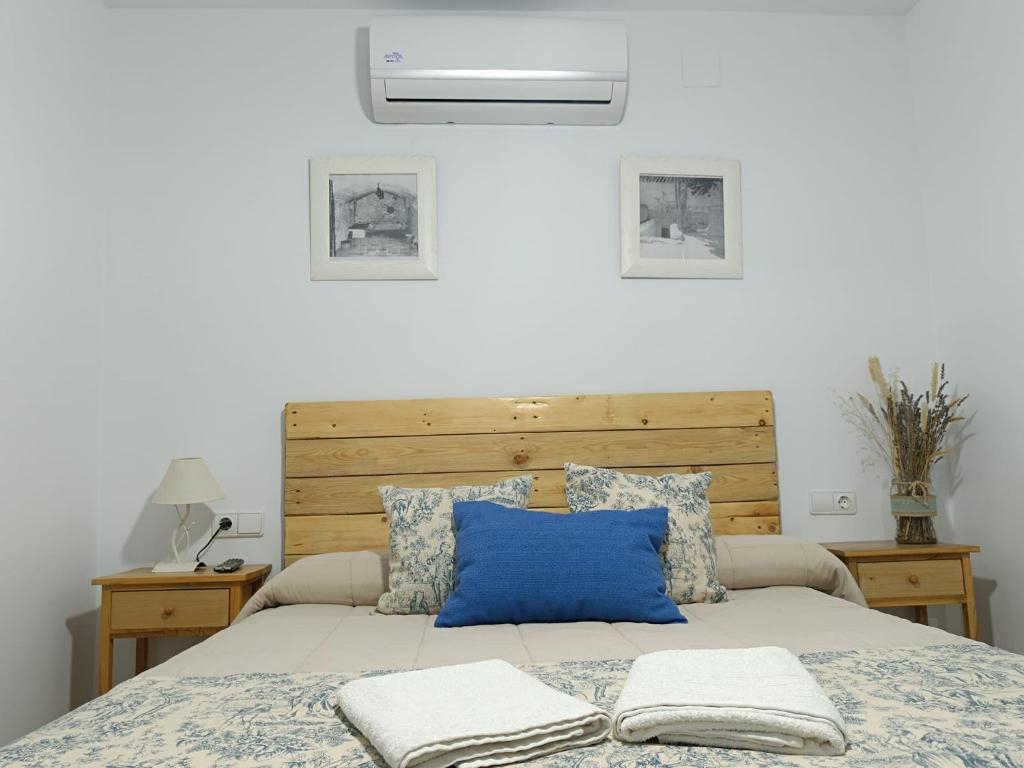 ein Schlafzimmer mit einem Bett mit einem blauen Kissen in der Unterkunft Casa Rural el Pajar Piscina para 3 apartamentos in Argamasilla de Alba