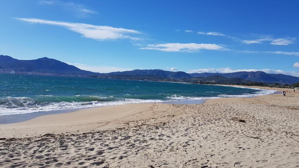 une plage avec l'océan et les montagnes en arrière-plan dans l'établissement PORTICCIO Appart 6pers Climatisé proche plage, à Porticcio