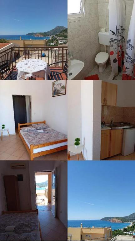 a collage of photos of a room with a bed and a bathroom at Vito Apartments Sutomore in Sutomore