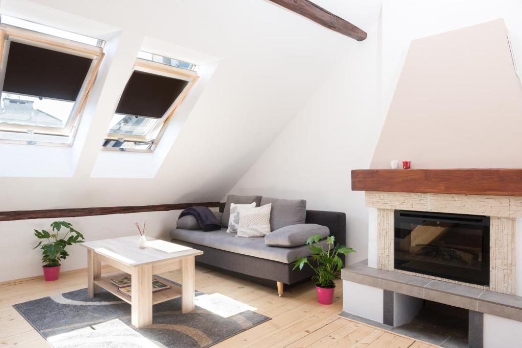 a living room with a couch and a fireplace at Charming Rustic Old Town Apartment in Krakow