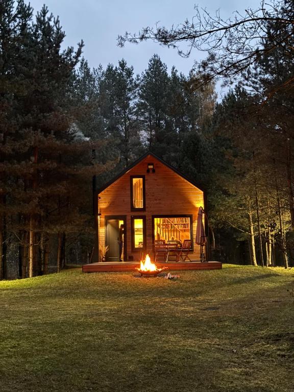 eine Blockhütte mit einem Feuer davor in der Unterkunft Local Forest in Vilnius