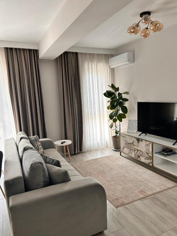 布加勒斯特Elegance的配有沙发和平板电视的客厅