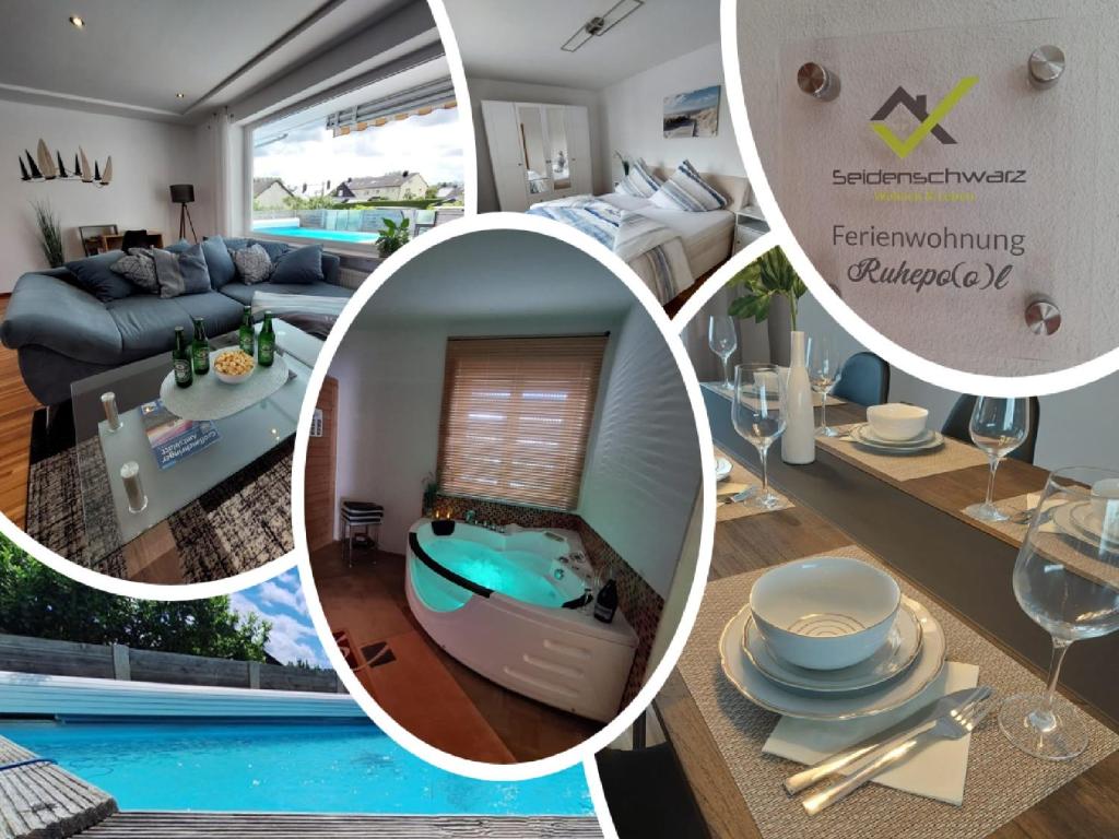 a collage of pictures of a living room and a pool at FeWo Ruhepo(o)l inkl. Sauna in Großmehring
