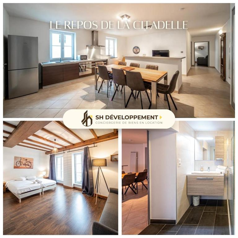 un collage de trois photos d'une cuisine et d'une salle à manger dans l'établissement Le Repos de la Citadelle, à Chalon-sur-Saône