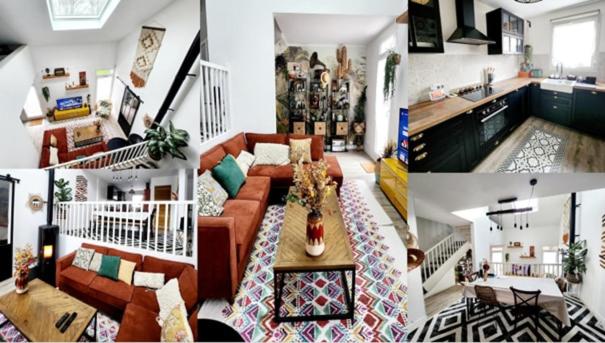 drei Bilder eines Wohnzimmers und einer Küche in der Unterkunft Maison loft avec jardin pour 6 voyageurs entre Paris et Disneyland in Torcy