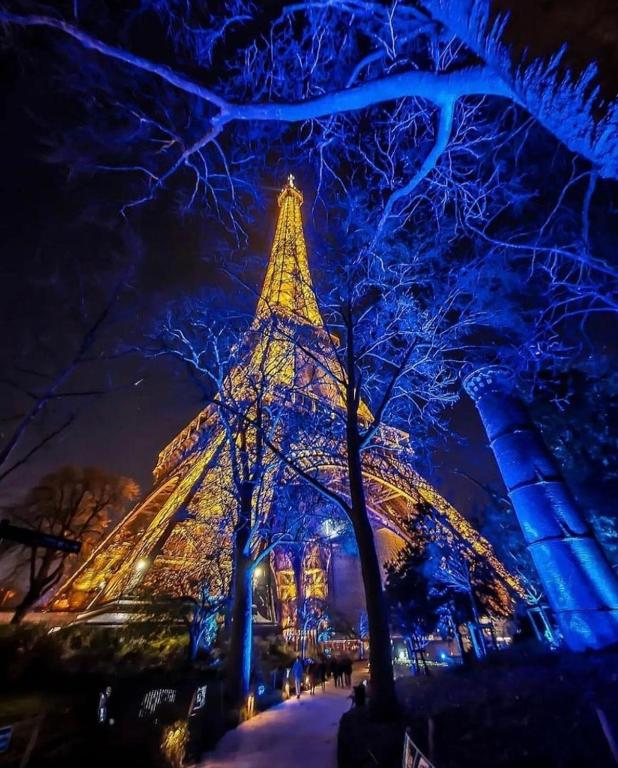 - une vue sur la tour Eiffel éclairée la nuit dans l'établissement Paris, la plus belle ville du monde!, à Issy-les-Moulineaux