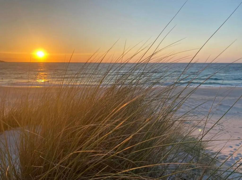 een zonsondergang boven een strand met hoog gras bij A casa di Leia in Borgo