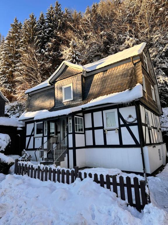 a black and white house in the snow at Waldtraum Lodge Winterberg für 10 Personen mit Garten und Grill in Winterberg