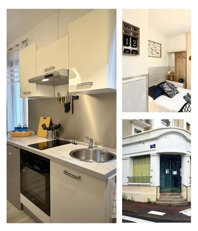 - deux photos d'une cuisine avec un évier et un lit dans l'établissement Palais des Sources Vichy, à Vichy