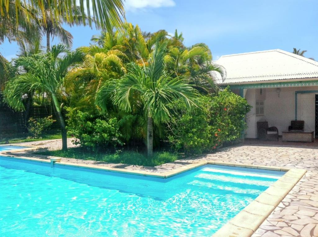 una piscina frente a una casa con palmeras en Villa élégante à Saint François, 75 m², piscine privée, en Saint-François