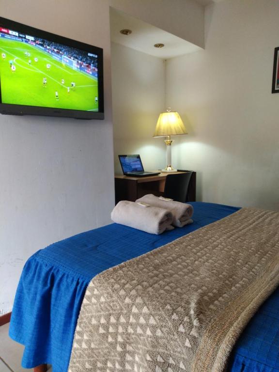 Schlafzimmer mit einem Bett und einem TV an der Wand in der Unterkunft La Francisca in San Salvador de Jujuy