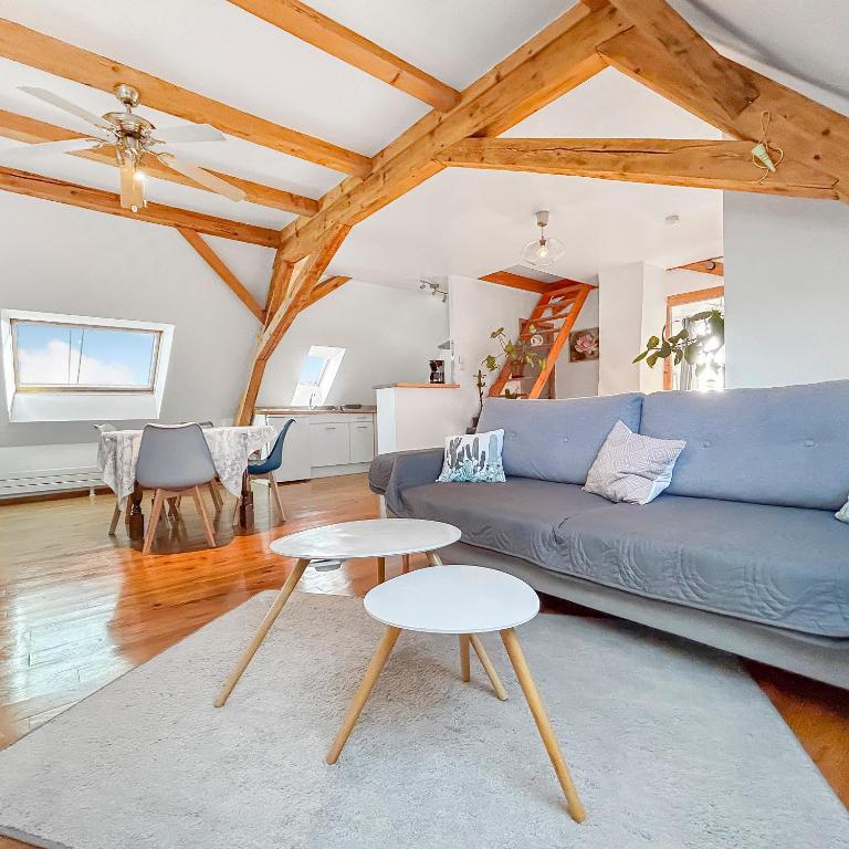 un salon avec un canapé bleu et une table dans l'établissement Charming T2 Close to Zenith, à Eckbolsheim