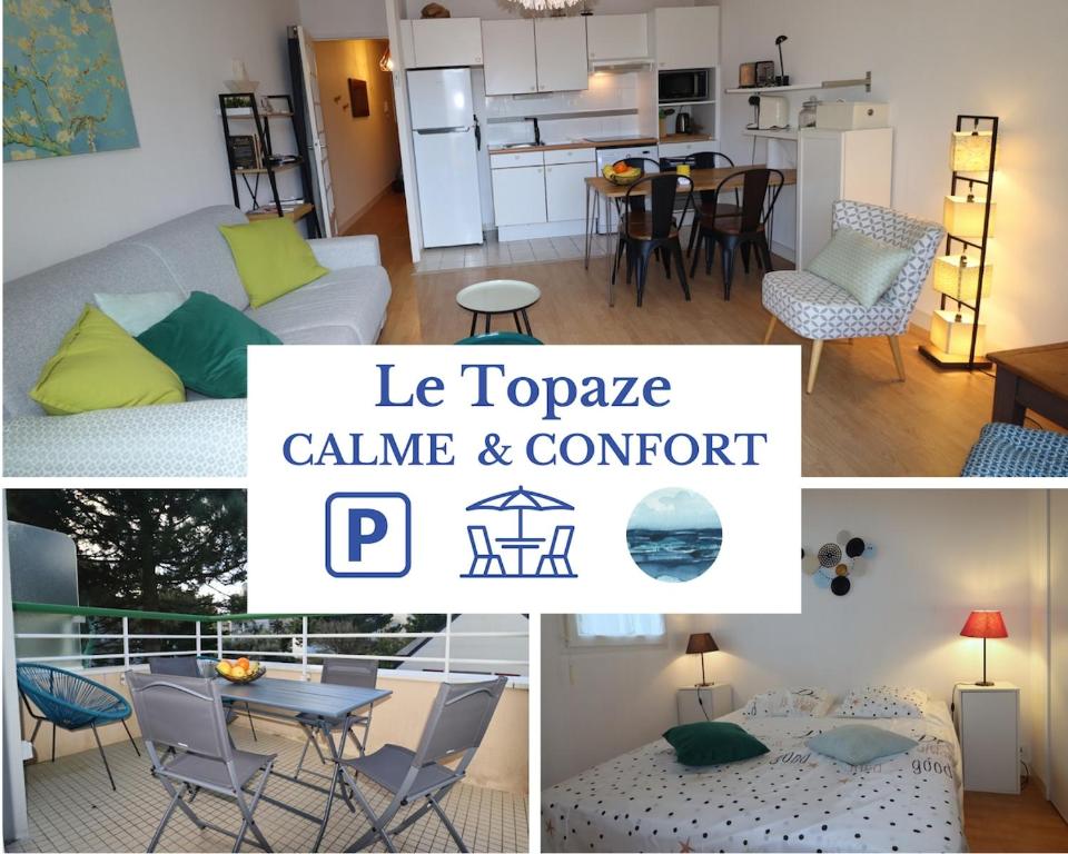 un collage de photos d'une chambre et d'un salon dans l'établissement Le Topaze via Tranquil at Home, à La Baule