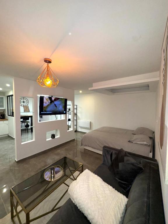 un salon avec un canapé et une télévision dans l'établissement Cozy apartment, à Riom