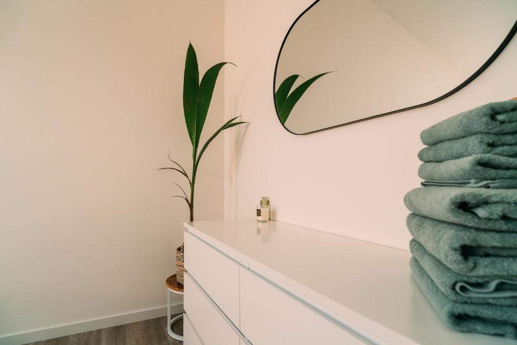 a bathroom with a white vanity and a mirror at La Casa de Moerkapel in Moerkapelle