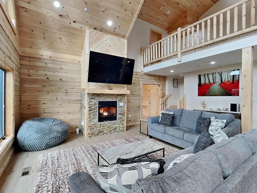 a living room with a couch and a fireplace at Majestic Manor in McHenry