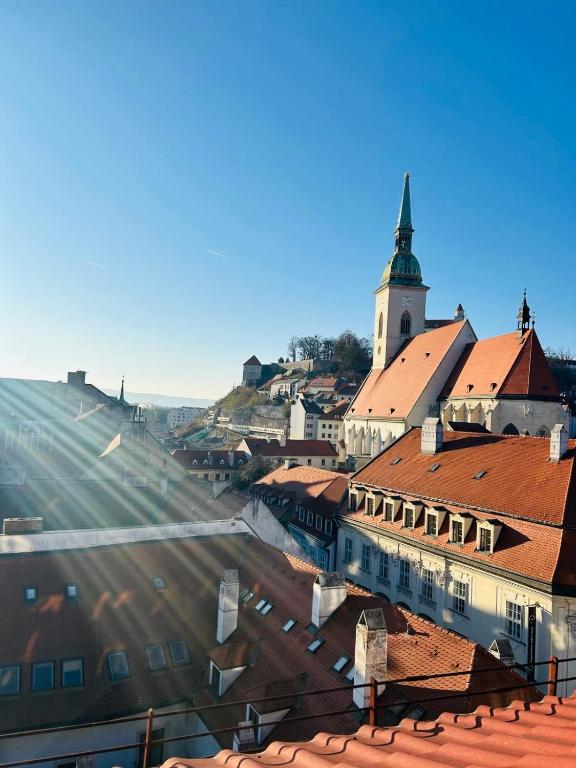 a view of a town with a church and roofs at Oldtown Magic Cityhub in Bratislava