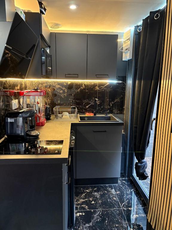 une cuisine avec des armoires noires et un comptoir dans l'établissement Cabanon aux films, à Saint-Brieuc