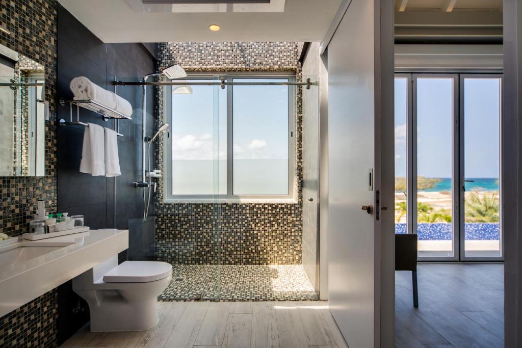 パーム・イーグル・ビーチにあるOcean Z Boutique Hotelのバスルーム(シャワー、トイレ付)、窓が備わります。