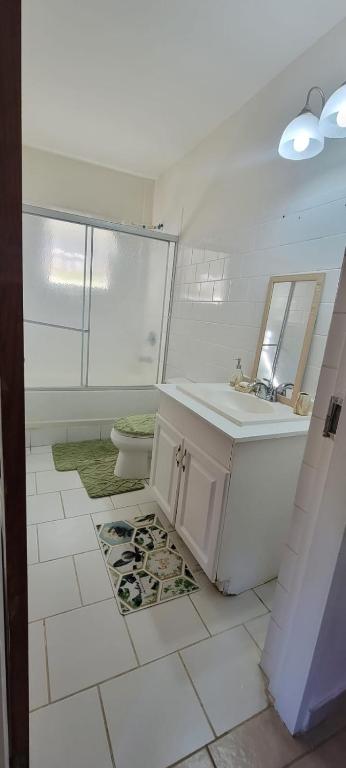 a white bathroom with a sink and a toilet at Dominic Apt at Mt Hartman in Golflands