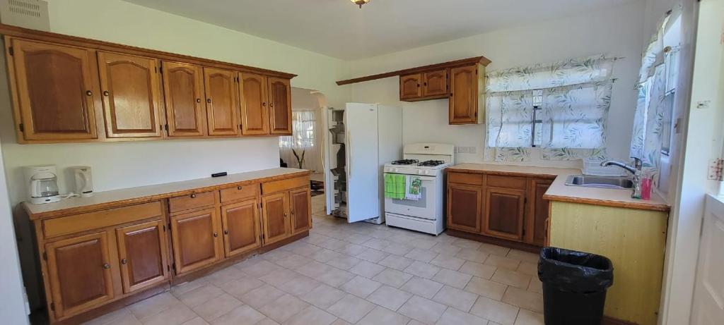a kitchen with wooden cabinets and a white refrigerator at Dominic Apt at Mt Hartman in Golflands