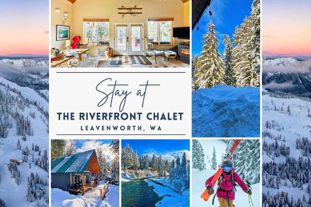 eine Collage mit Fotos eines Hauses im Schnee in der Unterkunft Riverfront Chalet Near Skiing, Lakes, Mtns & Leavenworth in Leavenworth