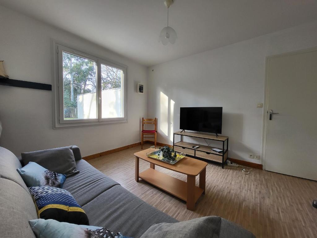 un salon avec un canapé et une télévision dans l'établissement Maison à 500m de la plage avec jardin, terrasses et parking à Saint-Brevin-les-Pins - FR-1-364-50, à Saint-Brévin-les-Pins