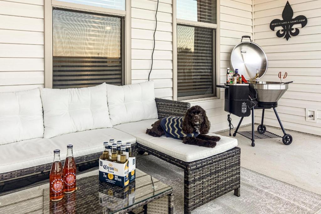 ein Hund, der auf einem Sofa auf einer Terrasse sitzt in der Unterkunft 3 Kings Pet-friendly Near Golf & Business Hub in Lake Charles