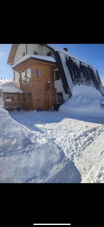 a house covered in snow in front of it at Alpha Ski Apartmani in Jahorina