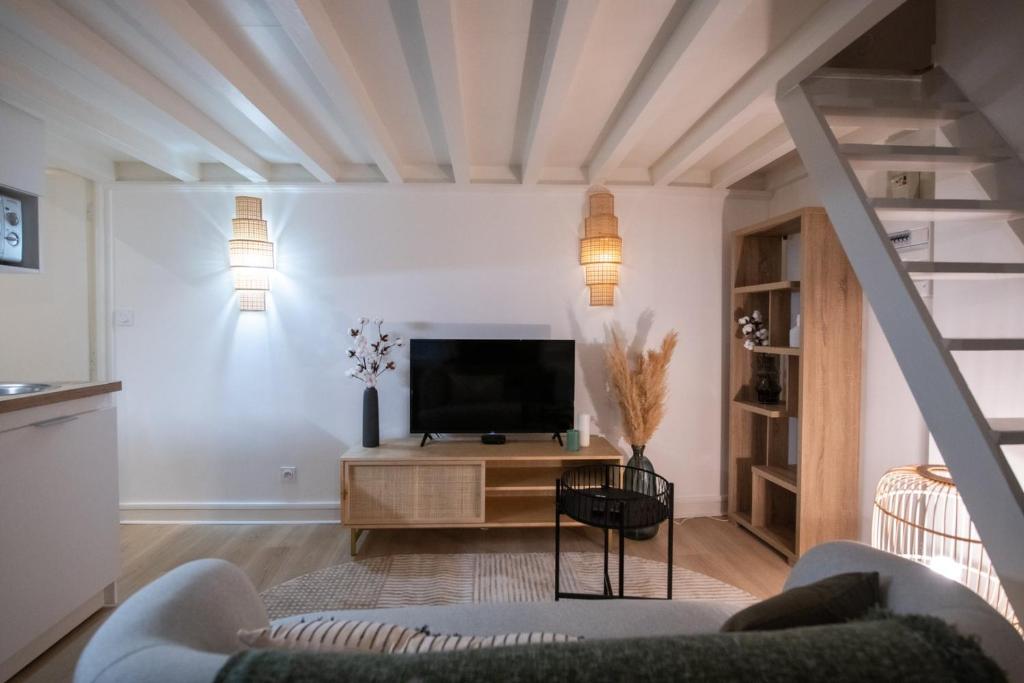 un salon avec une télévision et un canapé dans l'établissement Le St Jean - 26m2 Vieux Lyon, à Lyon