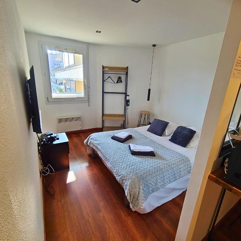 une chambre avec un lit avec des oreillers bleus dessus dans l'établissement Gare - Elégant appartement pour pros ou touristes, à Chambéry