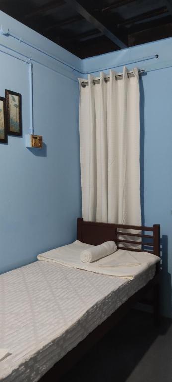 a bed in a blue room with a curtain at Arapura Veedu Heritage Homestay in Kizhillam