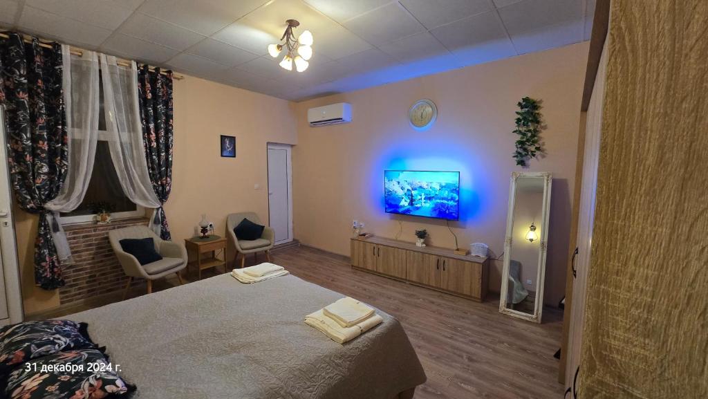 a bedroom with a bed and a tv on the wall at Suite Roma 3 in Velingrad
