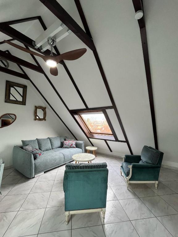 un salon avec un canapé et un ventilateur de plafond dans l'établissement Logement Cosy avec mezzanine, à Lingolsheim
