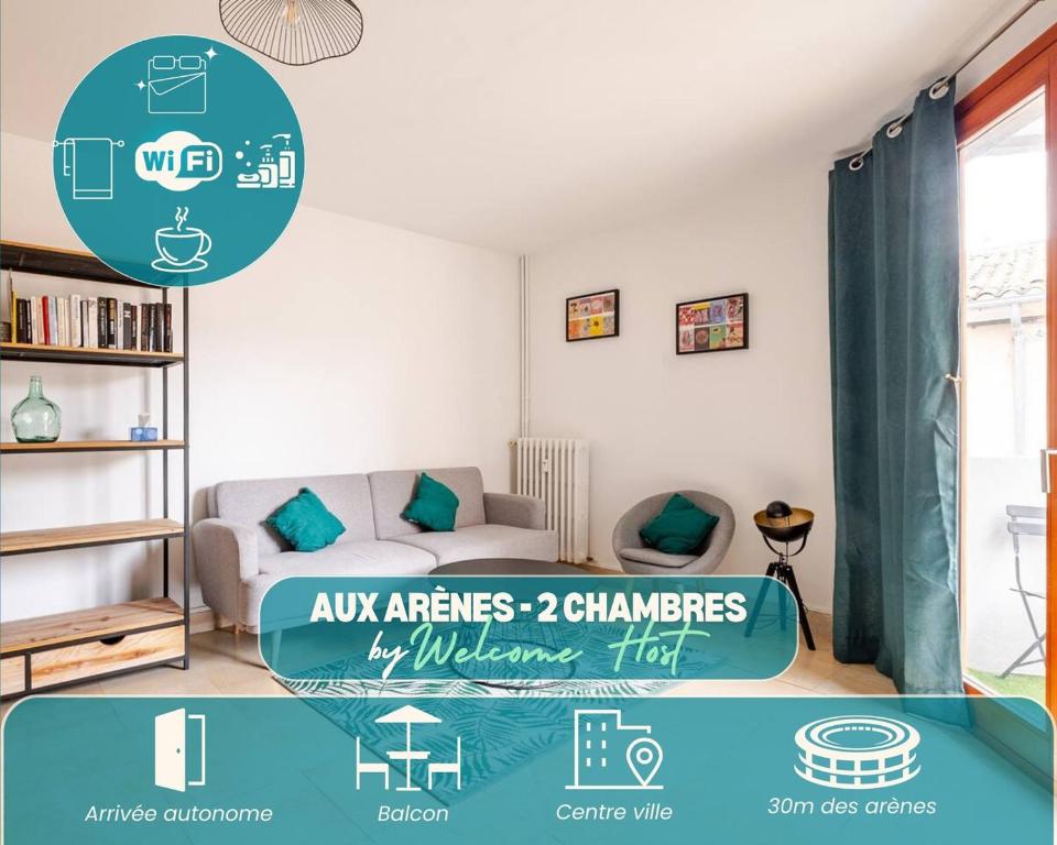 un salon avec un lit et un canapé dans l'établissement Les Arènes, 30m des Arènes, Balcon, Clim, à Nîmes