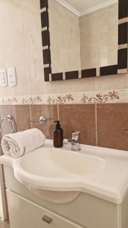 ein Badezimmer mit einem weißen Waschbecken und einem Spiegel in der Unterkunft El departamento de Mel in Villa Luzuriaga