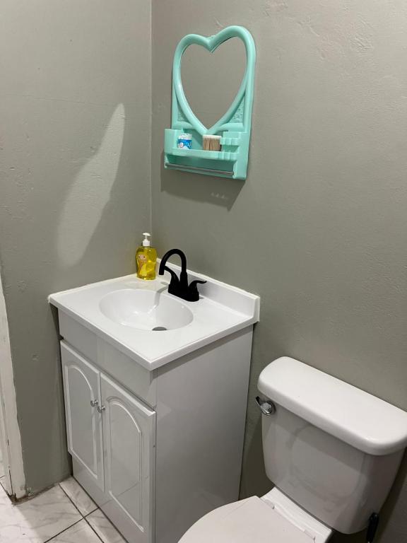 a bathroom with a sink and a toilet and a mirror at Netfa's Hidden Gem in Kingston