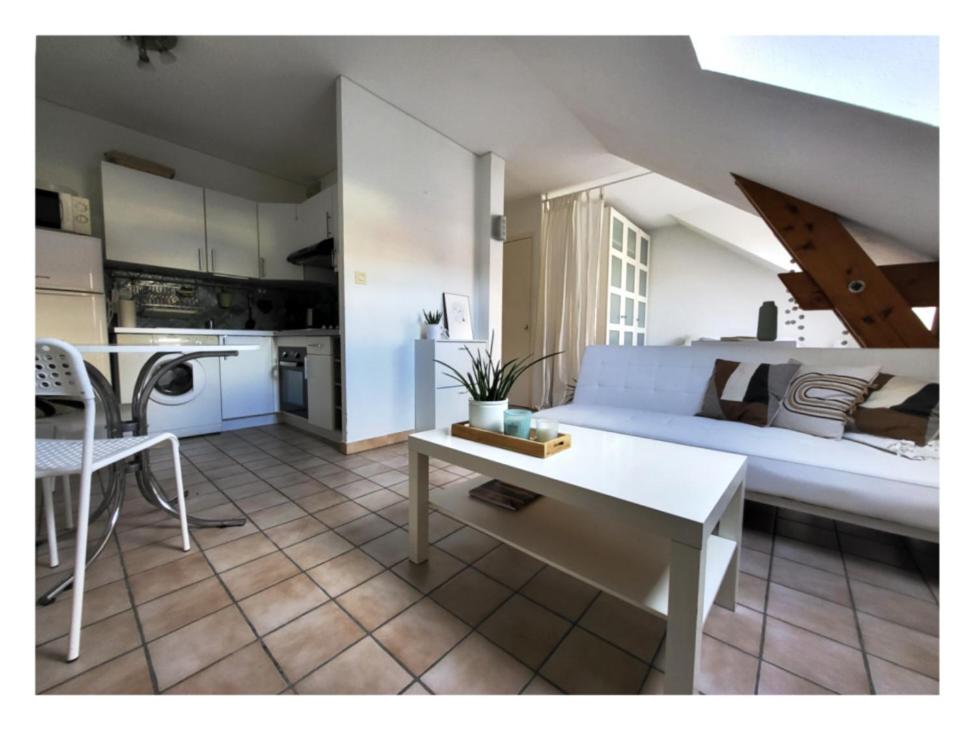 a living room and kitchen with a bed and a table at idéal studio in Gap