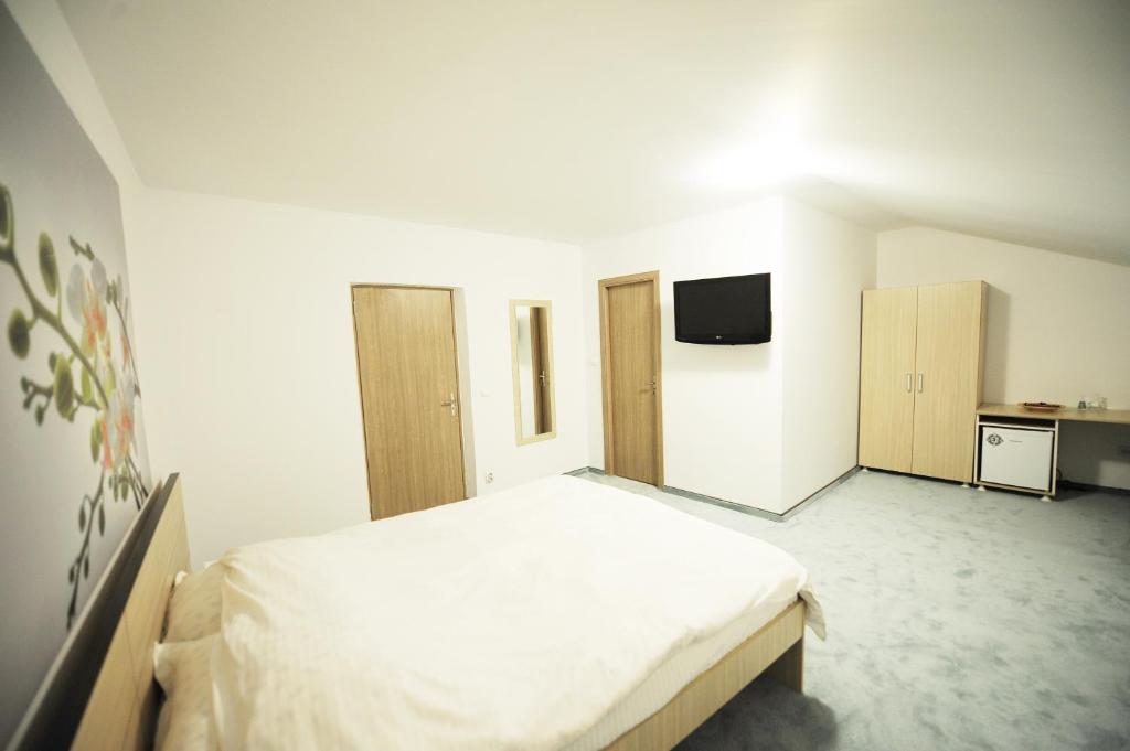 クラヨーヴァにあるPensiunea Naturaの白いベッドルーム(ベッド1台、テレビ付)