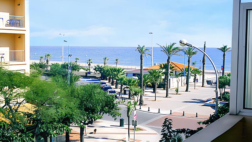 Elle offre une vue sur une rue bordée de palmiers et l'océan. dans l'établissement Appartement charmant à Saint-Cyprien avec vue sur la mer - 24m², à Saint-Cyprien